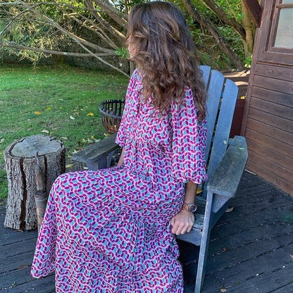 Puff Sleeve Maxi Dress Print V-neck Loose Holiday Beach Party Vestidos