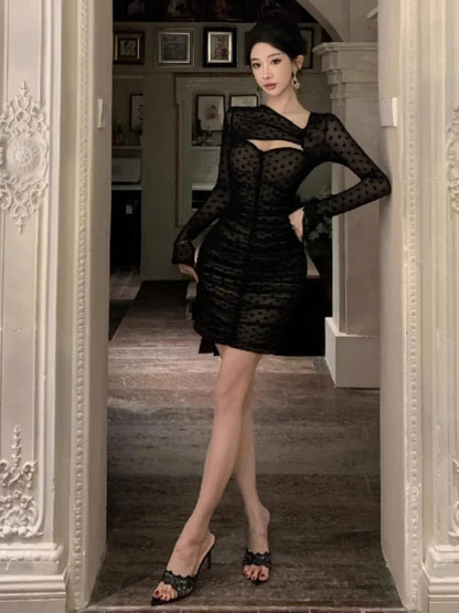 Cocktail Mini Dresses Hollow Out Slim Patchwork Mesh Long Sleeve Club Evening Dress Birthday Party