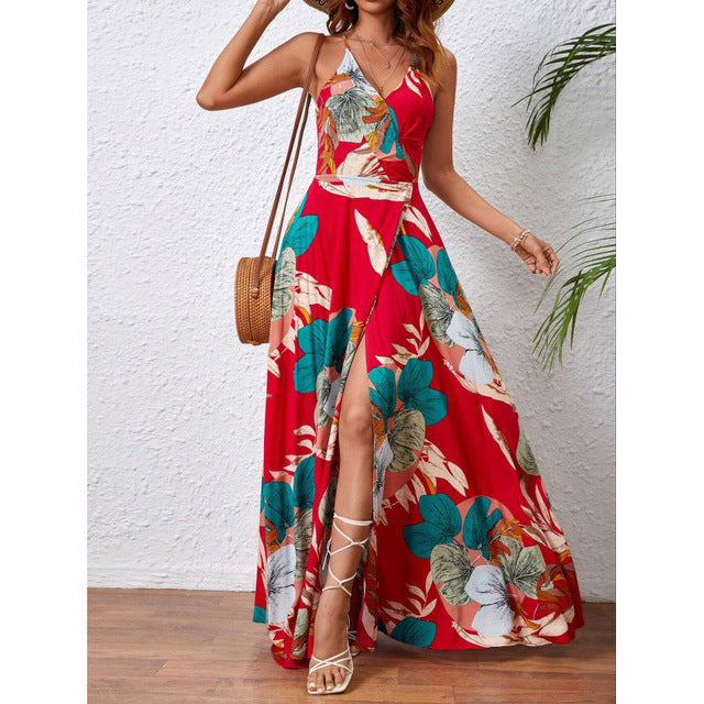 Flower Print Spaghetti Strap Dresses V-neck Backless Slit Long Dress Style Vacation Beach Vestidos