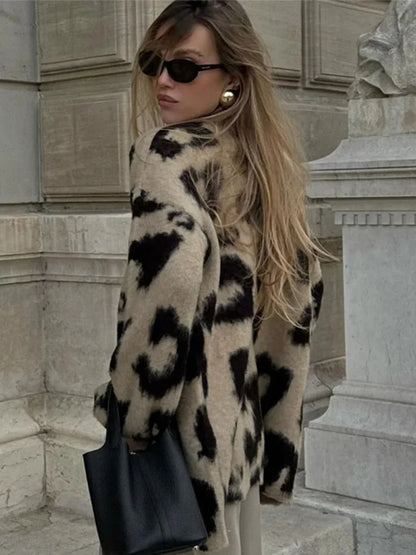 Retro Knitted Leopard Cardigan V-neck Soft Open Sweaters Female Autumn Versatile High Street Knitwear