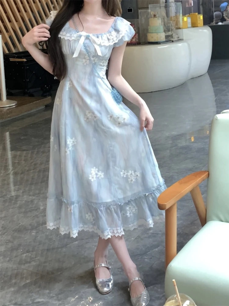 Sweet Kawaii Party Dress Lace Puff Sleeve Mini Dress Summer Korean One Piece Dress New