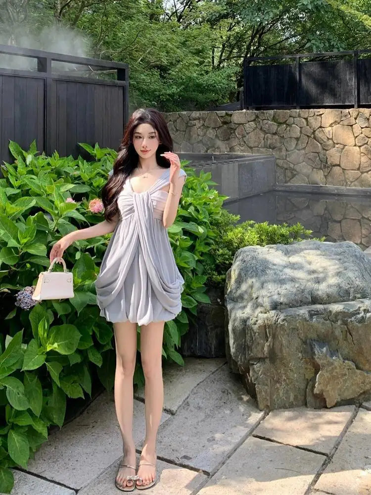 Summer New Gray High Waist Vacation Backless Slip Mini Dress Club Sleeveless Pleated Short Dress Trend