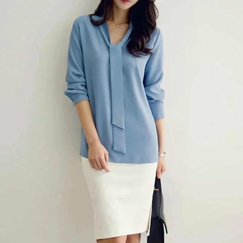 Long Sleeve Bow Tie V-neck Chiffon Blouse