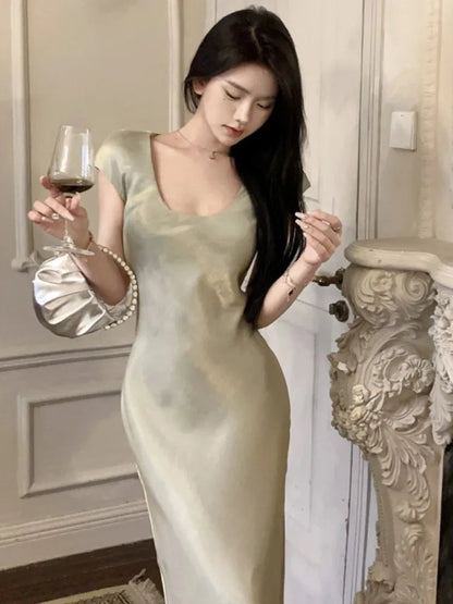 Bodycon Mermaid Midi Dress Summer Female Evening Party Maxi Dresses Short Sleeve Vestidos French Robe