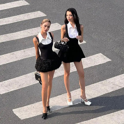 French Style Black and White Spliced Fake Twopiece Sleeveless Dress Summer Waist Cinching Slimming Aline Mini Dress for