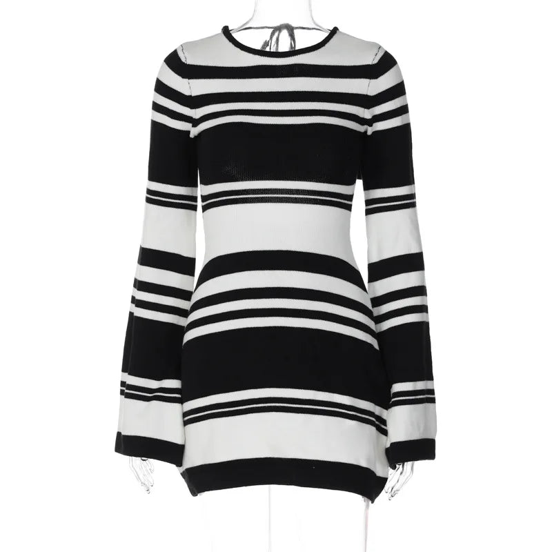 Knitted Backless Dress for Autumn Slim Color Block Mini Dresses Holiday Lace Up High Waist Dress Woman