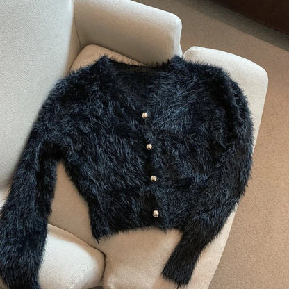Cropped Mohair Knitted Cardigan V Neck Sweater Coat Korean Black White Knitwear Slim Jumpers New