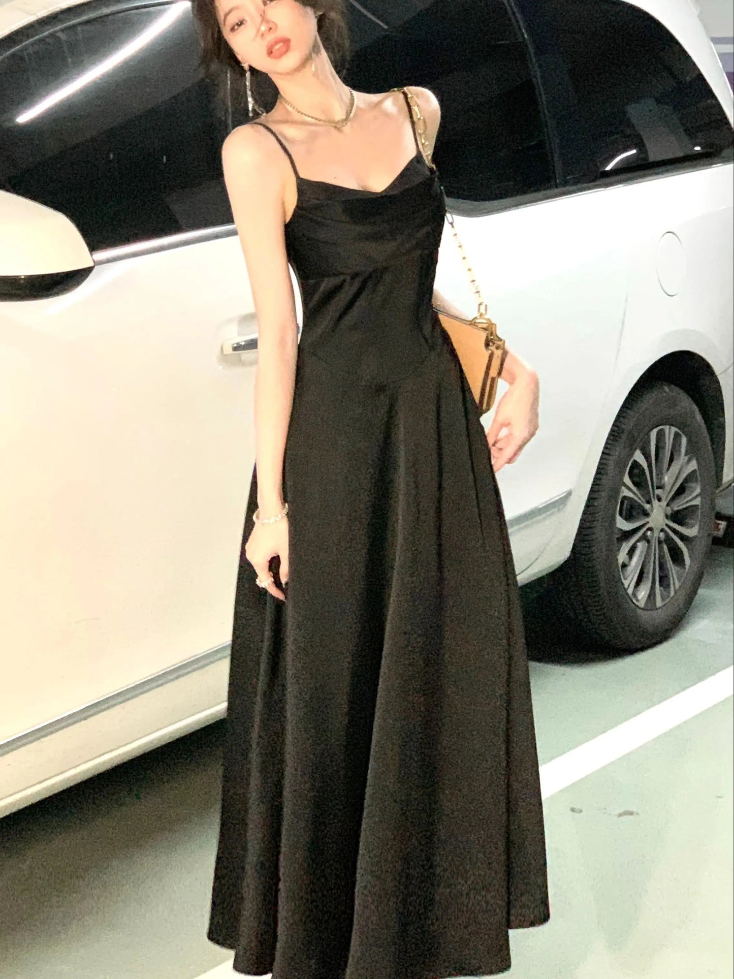 Midi Dress Sleeveless Vneck Spaghetti Strap Camisole Aline French Evening Party Prom Robe Vestidos