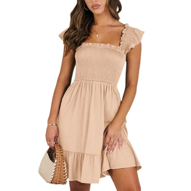New Summer Mini Dress Sleeveless Backless Square Neck Smocked Ruffle Mini Dress Aline Swing Sundress