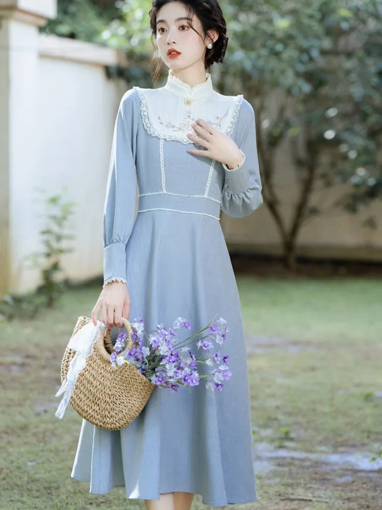 Midi Dresses Woman Autumn Retro French Style Embroidery Lantern Sleeve Slim Evening Party Robe Vestido