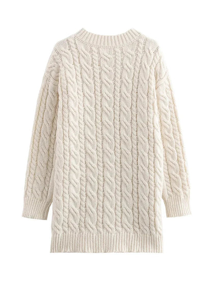 Beige Twist Knitted Cardigan Sweater Buttons Autumn Winter Loose Long Cardigans New Female Sueter Mujer