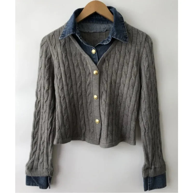 Contrast Color Denim Patchwork Longsleeved Cardigan Autumn New Polo Collar Multi Buttons Knitted Tops