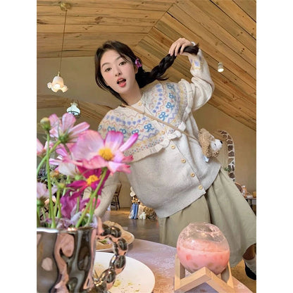 Kawaii Bow Pink Knitted Cardigan Print Patchwork Sweater Outerwear Korean Aesthetic Knitwear Long Sleeve Jumpers