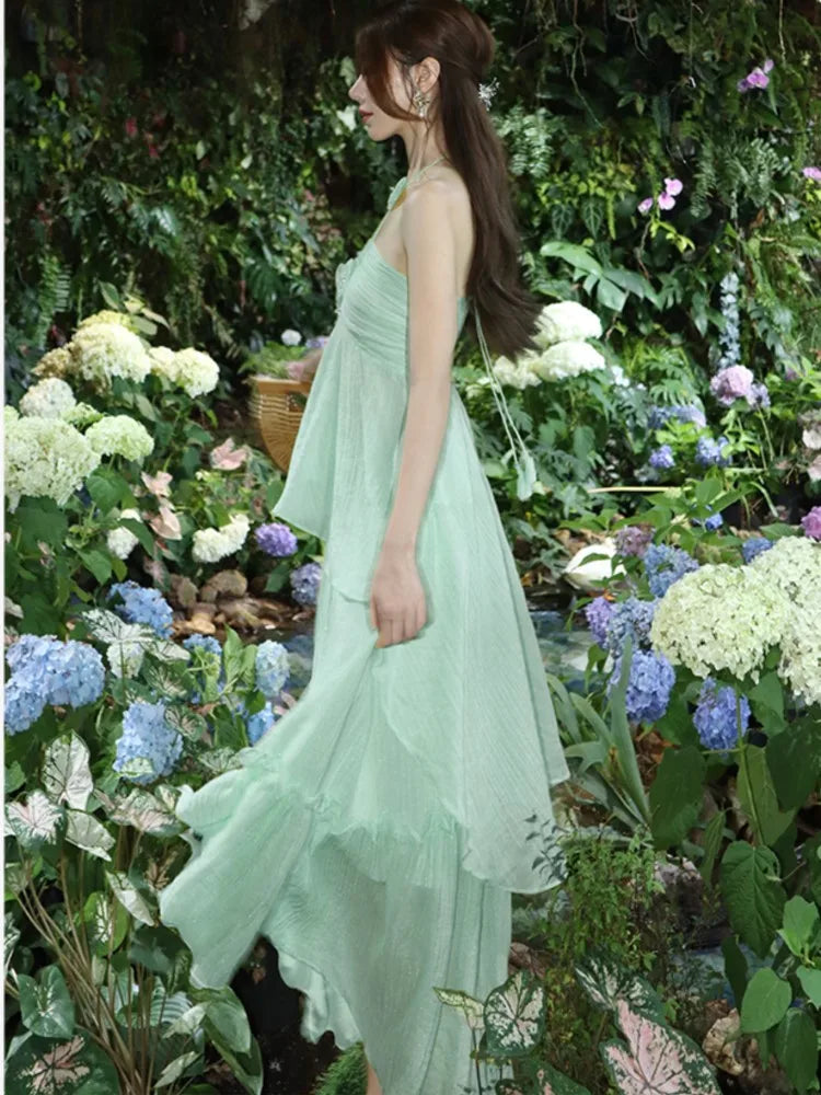 Korea Sweet Fairycore Halter Long Dress Ruffles Birthday Party Dress Summer Aline Vestidos Female New Robe