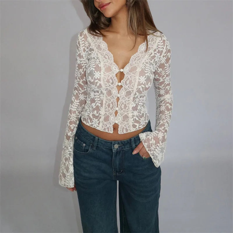 Aesthetic Lace Top Y2k Sheer See Through V Neck Flared Long Sleeve Blouse Shirt
