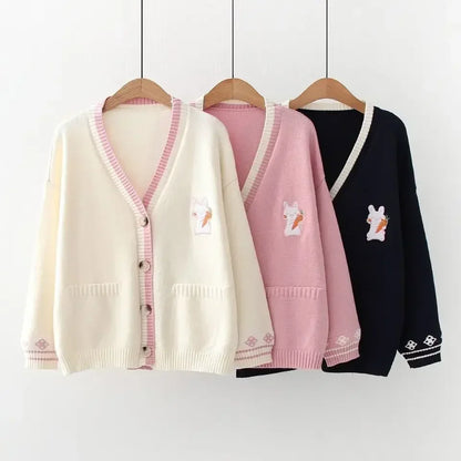 Korean Sweet Sweaters Japanese V Neck Long Sleeve Cardigans New Embroidery Cardigan