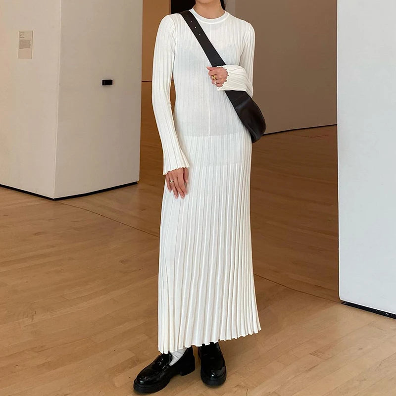 Ribbed Knit Full Sleeve Maxi Dress Crew Neck Bodycon Pencil Long Dress Tie Waist Dress 90s