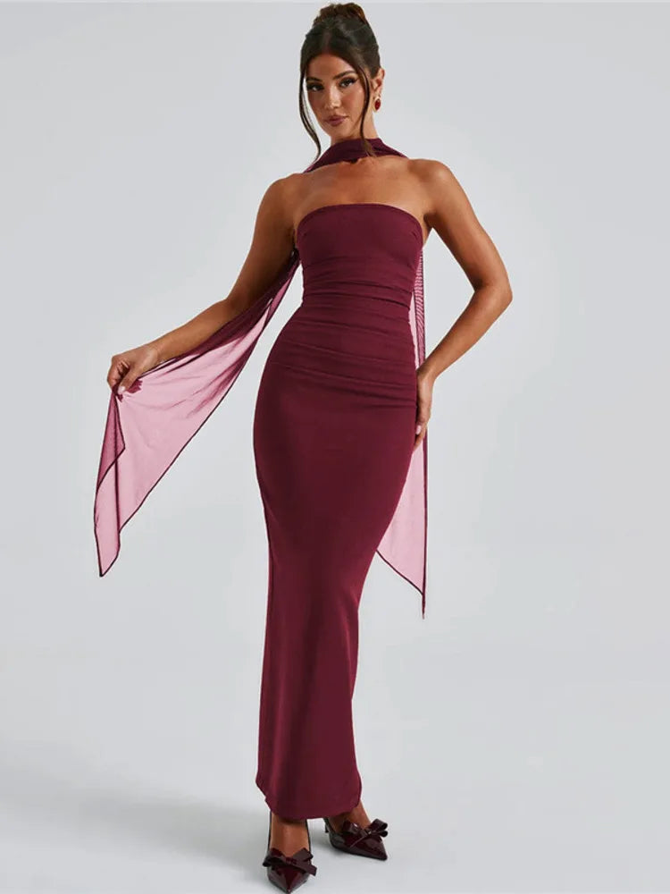 Strapless Backless Maxi Dress for Burgundy Mesh Sleeve Off-shoulder Bodycon Club Party Evening Long Dress
