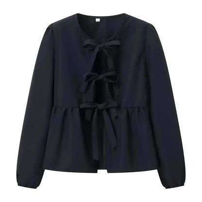 Summer Woman Bow Tied Lace Up Shirts Puff Short Sleeves Blouse Oneck Ruffle Color Tops