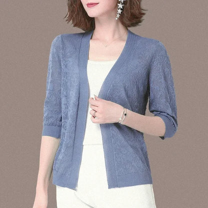 Summer Oversized Knit Cardigan Jackets Half Sleeve Lace Knitwears Coats Korean Hollow Out Sunscreen Tops