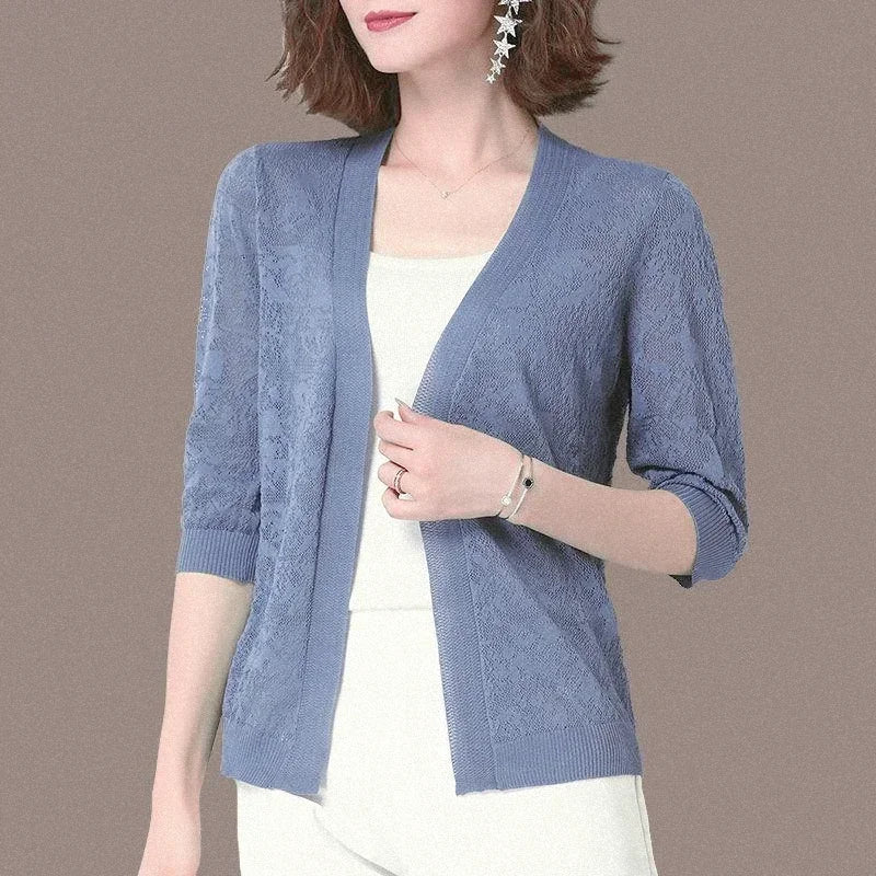 Summer Oversized Knit Cardigan Jackets Half Sleeve Lace Knitwears Coats Korean Hollow Out Sunscreen Tops