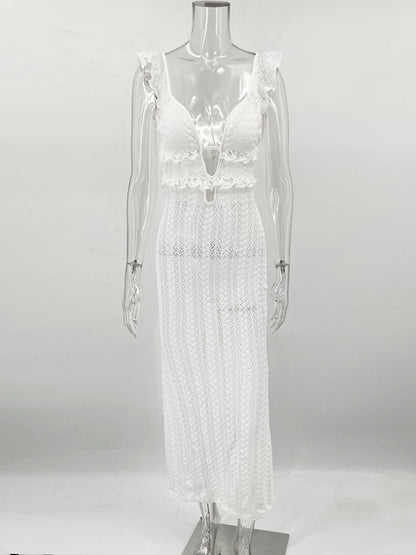 Knit V-neck Maxi Dress ’s Slim High Waist See-through Patchwork Bandage Backless Dress Female Knitwear Dress
