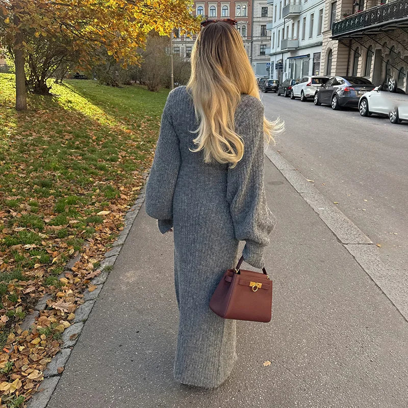 Modest Knitted Long Dress Loose Buttons Sweater Cardigans Fall Commuter Lady Fashionable Woman Wear