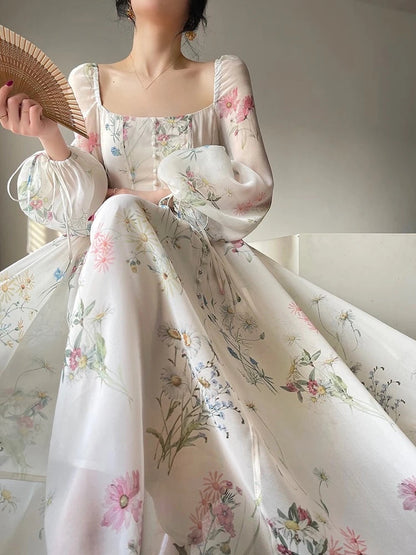 French Vinatge Evening Party Long Dresses for Aline Princess Dress Lantern Sleeve Spring Summer Prom Robe Vestidos