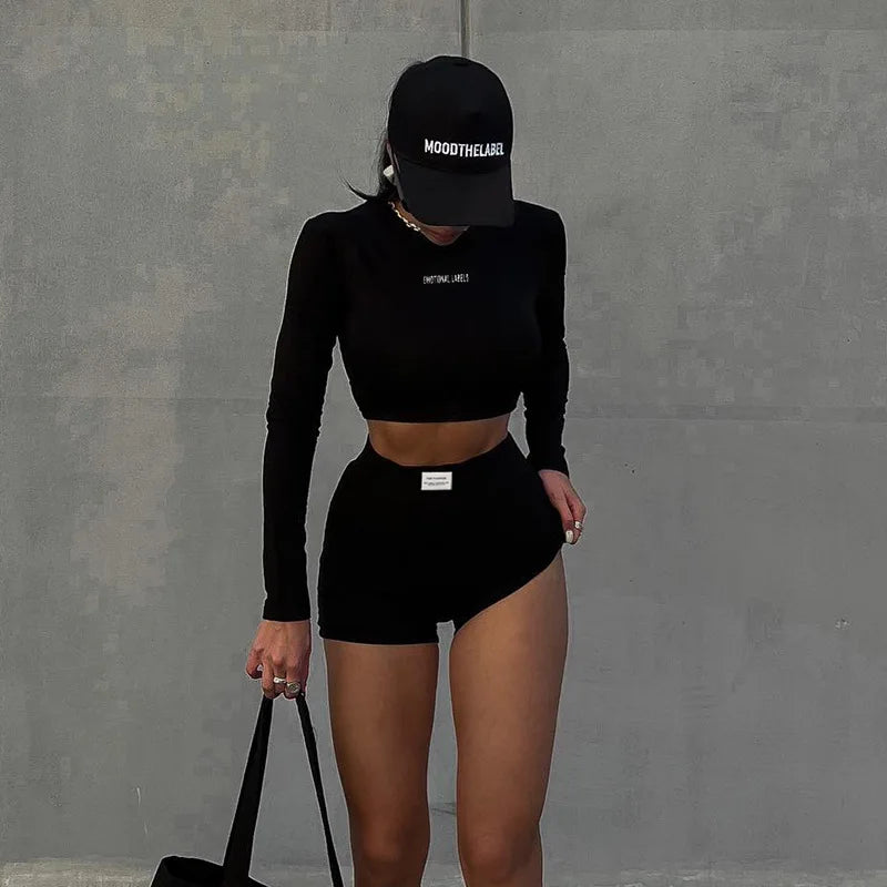 European and American Spring/summer Round Neck Long Short Sleeved 3/4 Shorts Two Piece ’s Sports Versatile Set