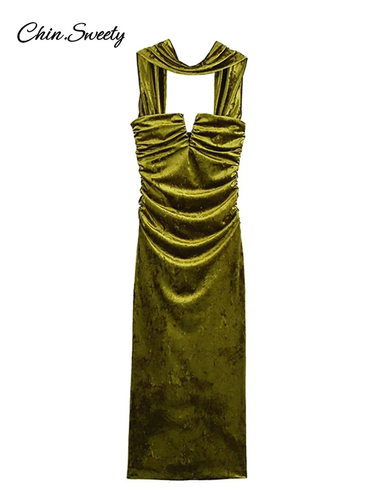 Halter Velvet Midi Dresses Backless Pleated Zipper Green Party Dress Female Spring Summer Lady Slim Fit Robes