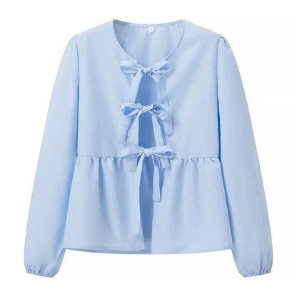 Summer Woman Bow Tied Lace Up Shirts Puff Short Sleeves Blouse Oneck Ruffle Color Tops