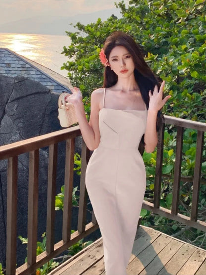 New Midi Dress Summer Spaghetti Strap Pleated Bodycon Party Slim One Piece Clothes Vestidos