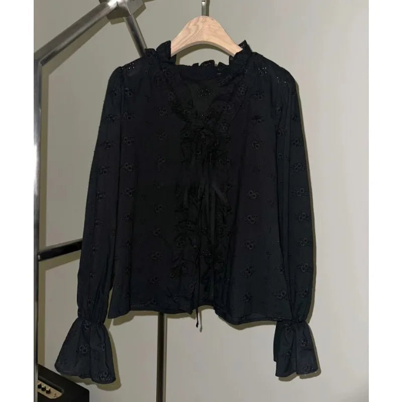 Vneck Ruffled Laceup Loose Longsleeved Shirt Summer New Korean Hollow Color Blouse