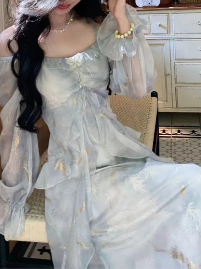 Summer Print Midi Dress Spaghetti Strap Aline Party Birthday Clothes Female Vestidos Long Robe New