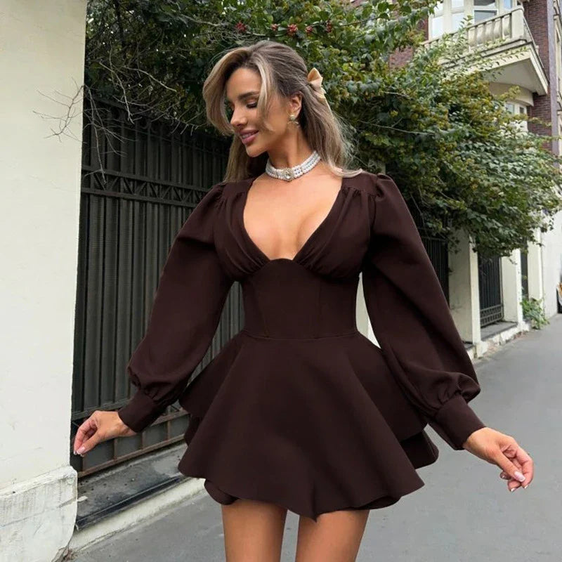 Low Cut Long Sleeve Pleated Mini Dress Wrap Waist Slim Party Vestido Spring Fall Harajuku Y2k Clothes