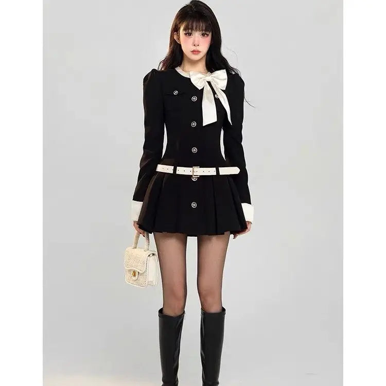 Sweet Bow Socialite Long Sleeve Black Dress for Autumn New Highend Waist Cinching Slimming Aline Pleated Mini Dress