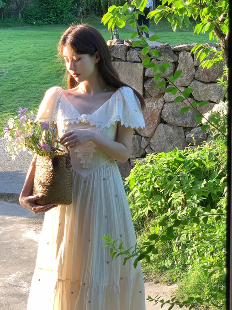 Summer French Embroidery Fairy Midi Dress Party Dress Style One Piece Dress Korean