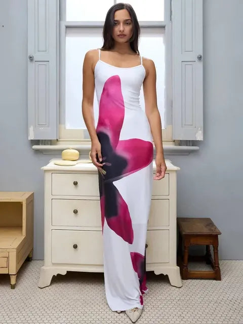 Printed Contrast Spaghetti Dress Female Backless High Waist Patchwork Summer Maxi Dress Halter Dresses