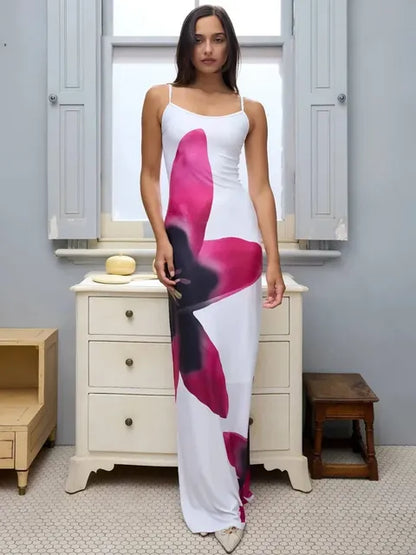 Printed Contrast Spaghetti Dress Female Backless High Waist Patchwork Summer Maxi Dress Halter Dresses