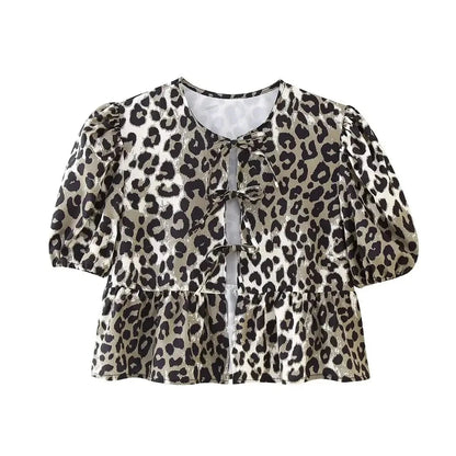 Summer Woman Bow Tied Lace Up Shirts Puff Short Sleeves Blouse Oneck Ruffle Color Tops