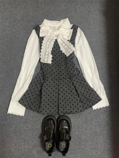 Korean Preppy Style Dress Set Bow Lace Shirt Tops + Polka Dot Mini Dress Commuter 2 Piece Set New