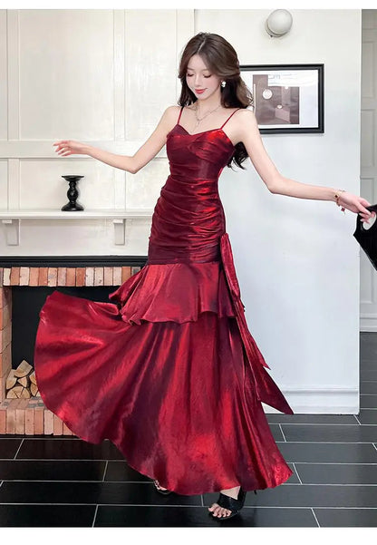 Summer French Red V Neck Sleeveless Ruffle Edge Slip Long Dress Backless Vacation Pleated Evening Party Dress