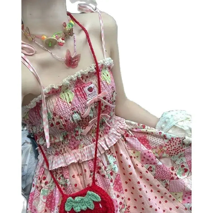 Japan Kawaii Dress Strawberry Stitching Suspender Skirt Laceup Cardigan Japanese Style Sweet