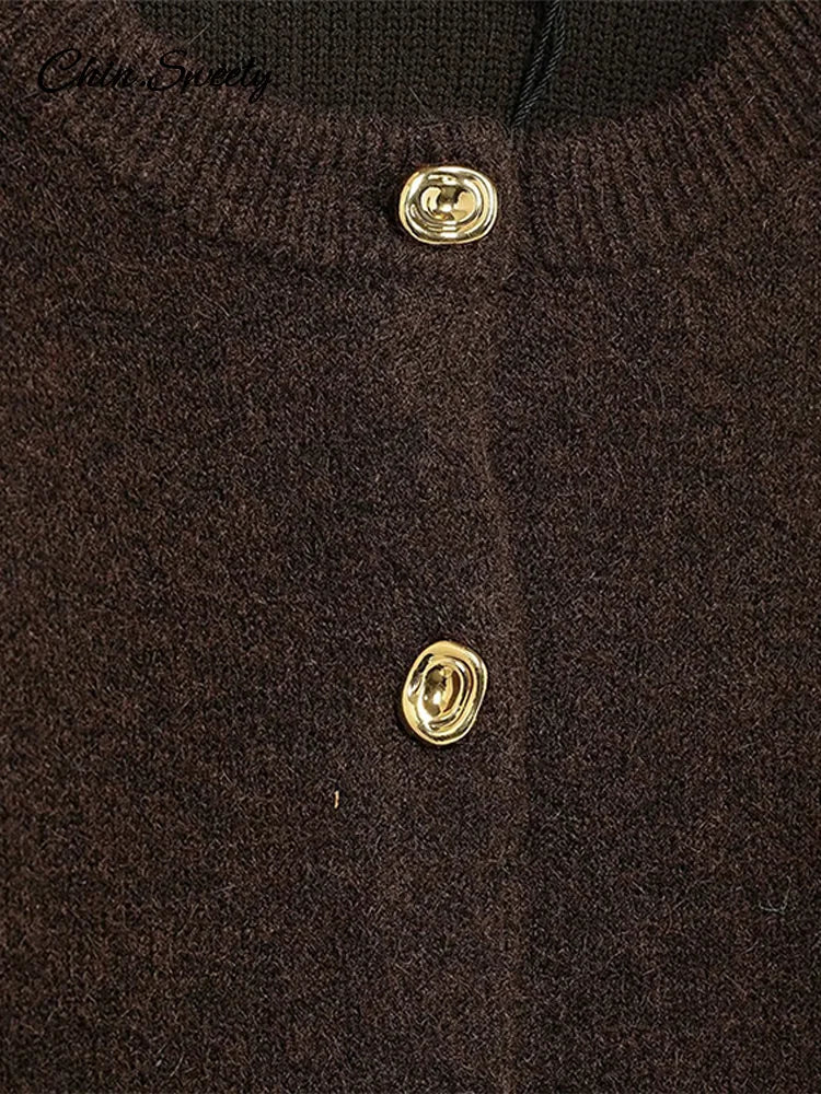 Brown Skirt Suits Knitted O-neck Long Sleeve Metal Button Cardigan High Waist A-line Mini Skirts Spring Lady Outfit