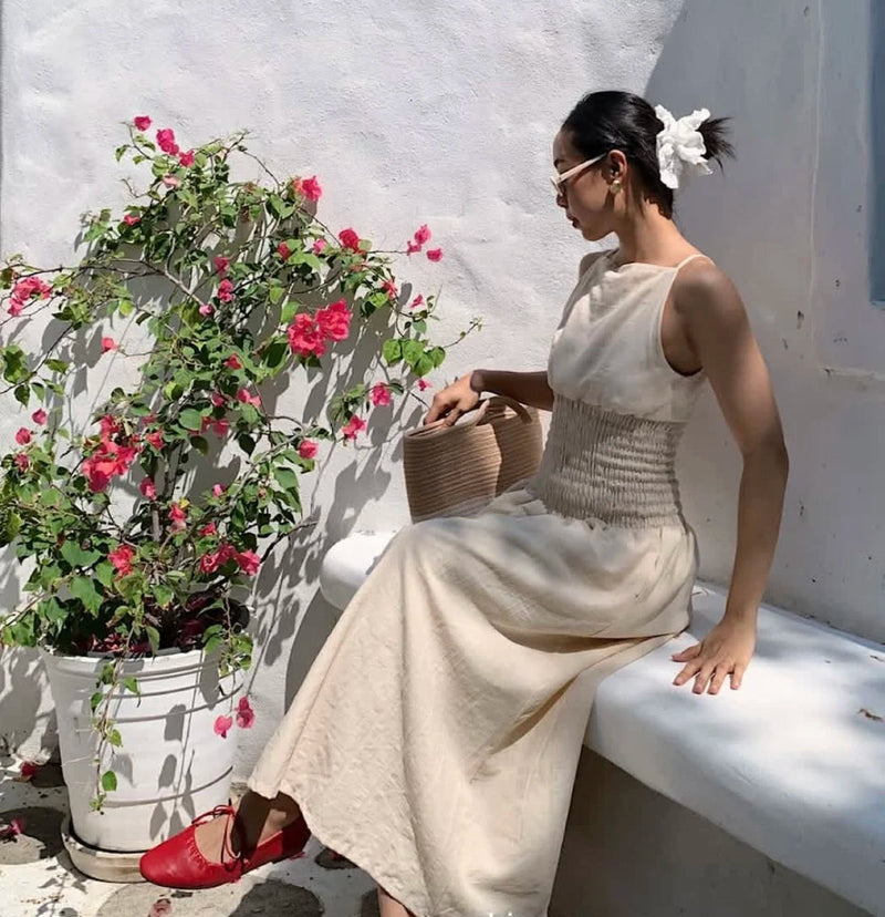 Korean Summer New French Vacation Style Wrinkles Hugging Waist Stretching Sleeveless Strap Long Dresses