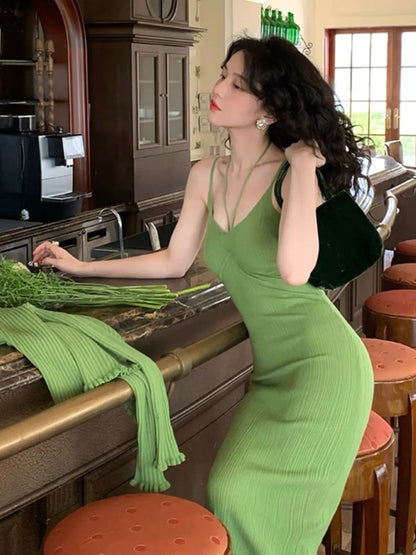 Knitted 2-piece Dress Set Crop Cardigan V-neck Spaghetti Strap Bodycon Midi Dress Autumn New Female Clothing