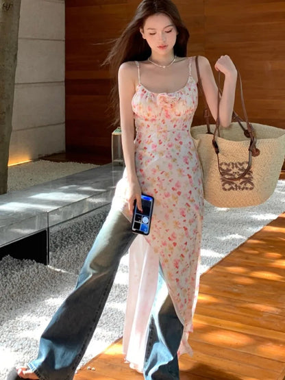 Midi Dress Sleeveless Print Slim Backless Camisole Dresses Holiday Party Spring Summer New Clothing