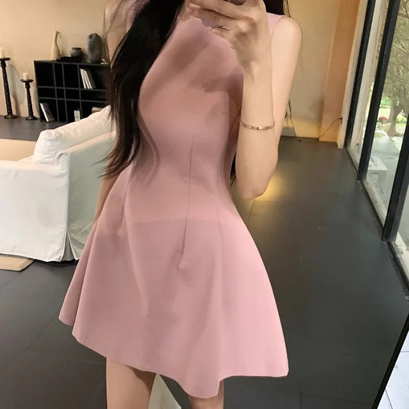 Line Mini Dresses Sleeveless Spring Summer Sweet Simple Vestidos Mujer Korean Fashions Retro Dress