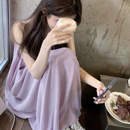 Summer Purple Off Shoulder Loose Pleated Sundress New Sleeveless Long Dress Slim Robe Clothes