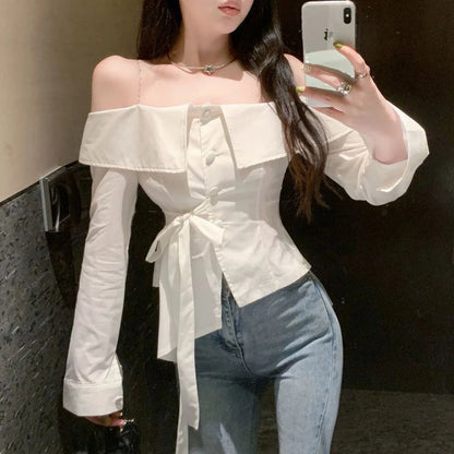 Slash Neck Shirts Ruffles Bandage White Blouses Korean Chain Long Sleeve Design Slim Tops New